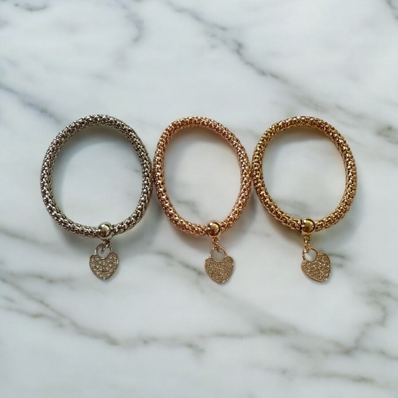 Designer Inspired Mesh Stretch Bracelet Set w/ Crystal Heart Charm Tri-Color Set - Picture 2 of 6
